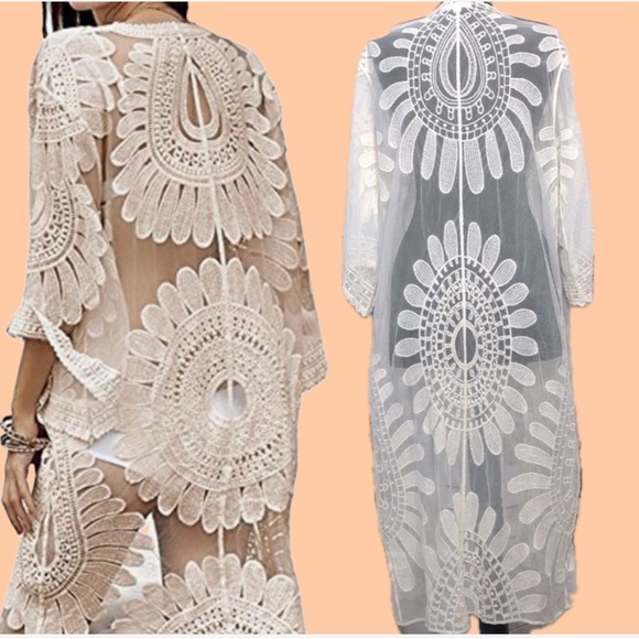 Rebellion Again Small Long Kimono Duster Boho Lace Mesh Cover Up Open Cardigan - Picture 4 of 10